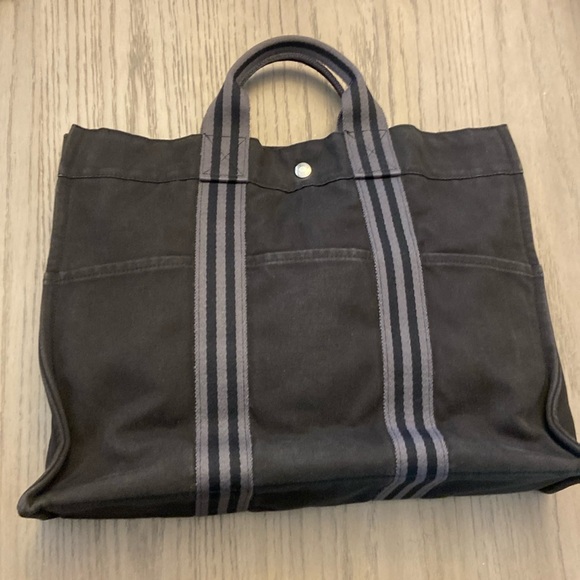HERMÈS Canvas Fourre Tout Bag Cotton Canvas Tote Bag Black Gray - Picture 3 of 12